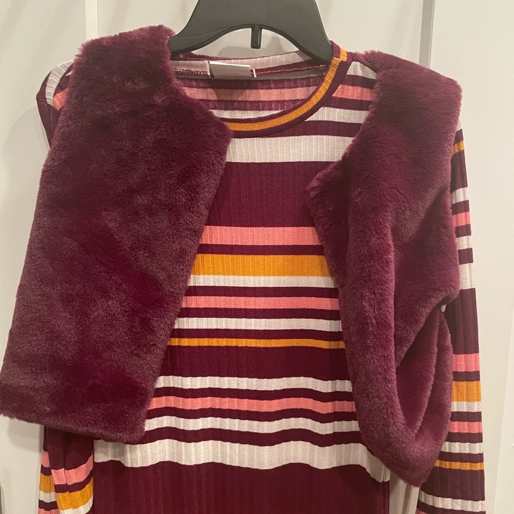 Rare Editions Burgundy and Pink Striped Dress with Faux Fur Vest